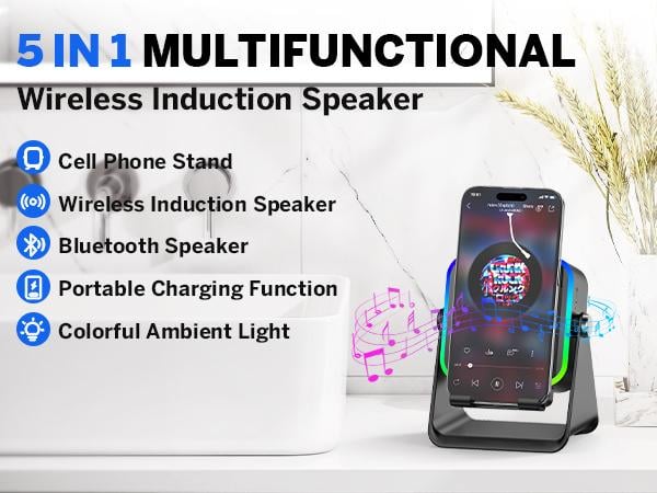Wireless Induction Audio Speaker Stand, 5in1 Cellphone Holder, 3500mAh Rechargeable Emergency Power Bank,360° Adjustable Mobile Tablet Stand with Colorful Ambient Light Gifts for Men Women