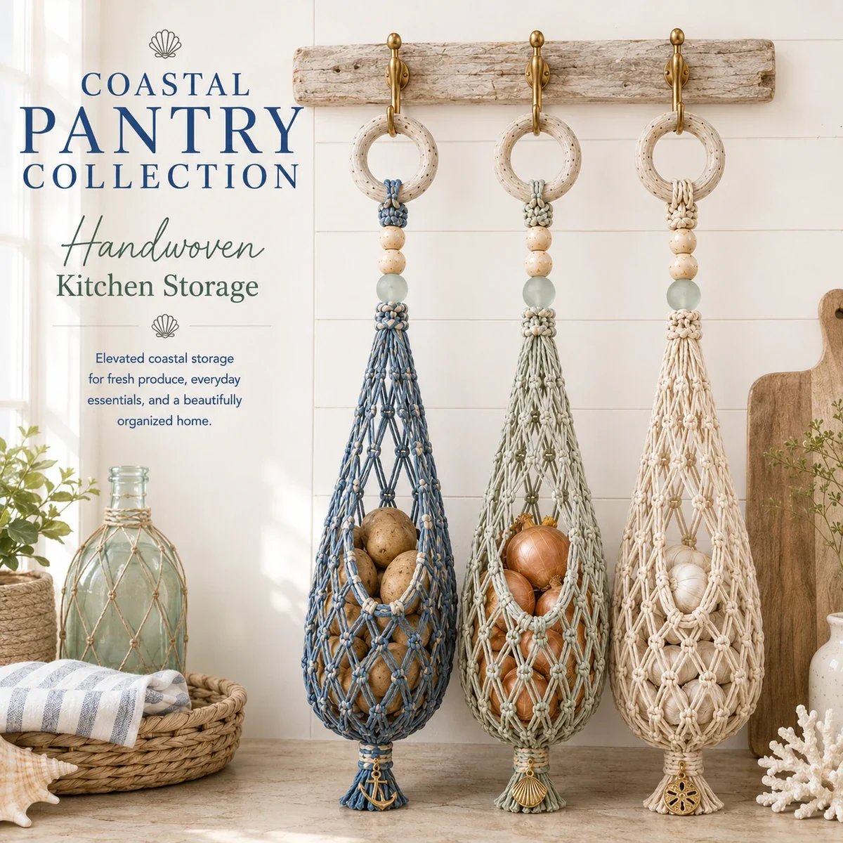 Three coastal macrame hanging produce organizers in blue, sage and ivory