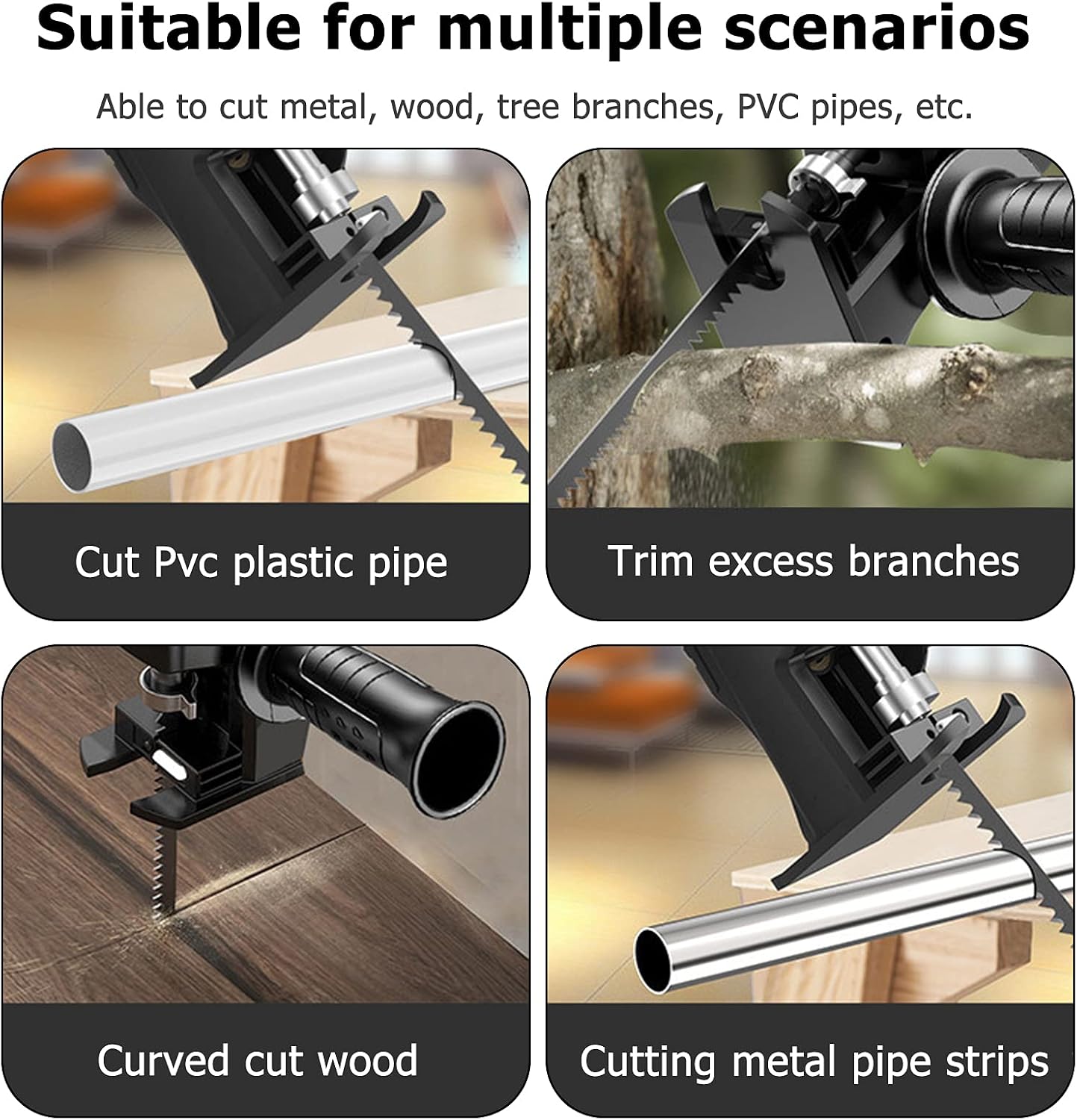 Jigsaw adapter cutting PVC pipe, wood, metal tube, and a branch