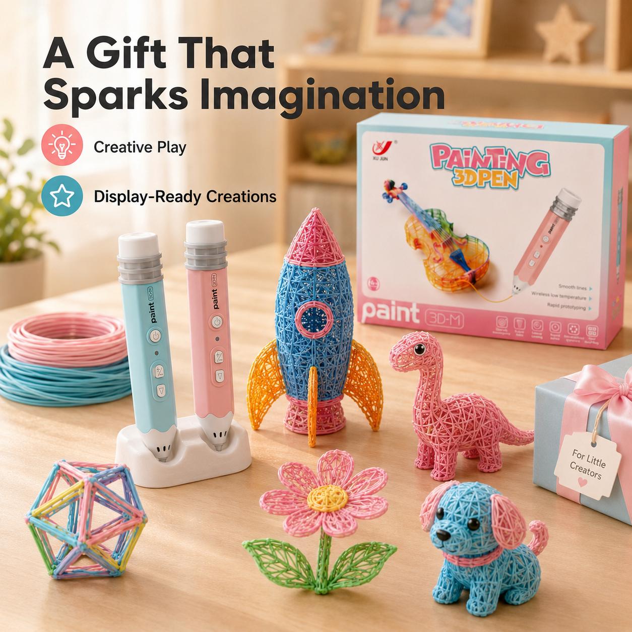 Bubbleverse 3D Pen Set for Kids, Low Heat Child-Safe 3D Pen with USB, 10 Rolls 50cm PCL Filament Refills, PLA Filament Bundle, Includes Stencil Book & Guide, STEM Arts Crafts Birthday Present for Ages 6+