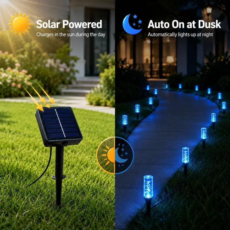 Solar panel charging by day and pathway lights turning on at dusk