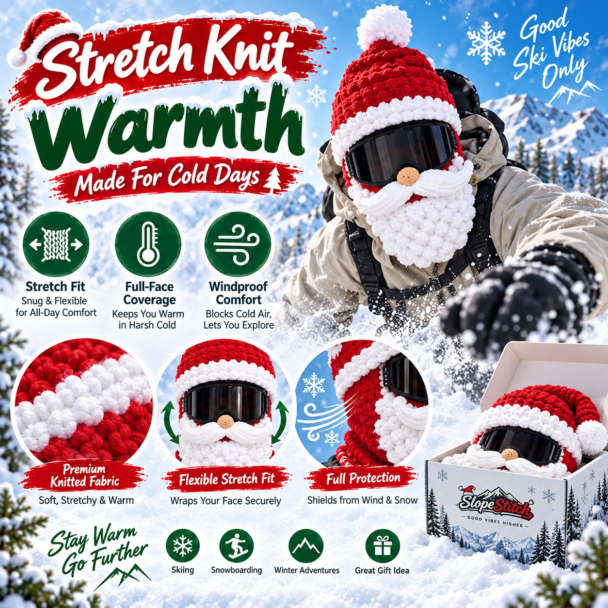 Rekbare gebreide stof en volledige gezichtsbedekking van het kerst-skimasker