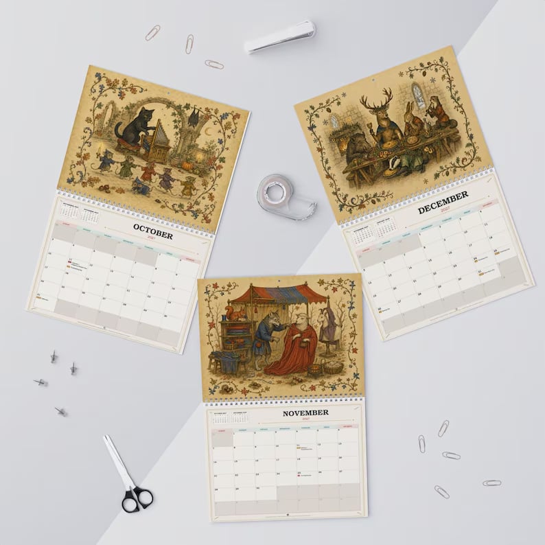 2027 Medieval Animal Mischief calendar monthly artwork