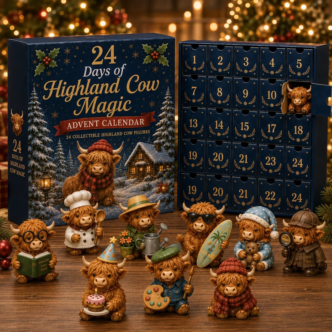 24 day Highland Cow Christmas Advent calendar with collectible cow characters