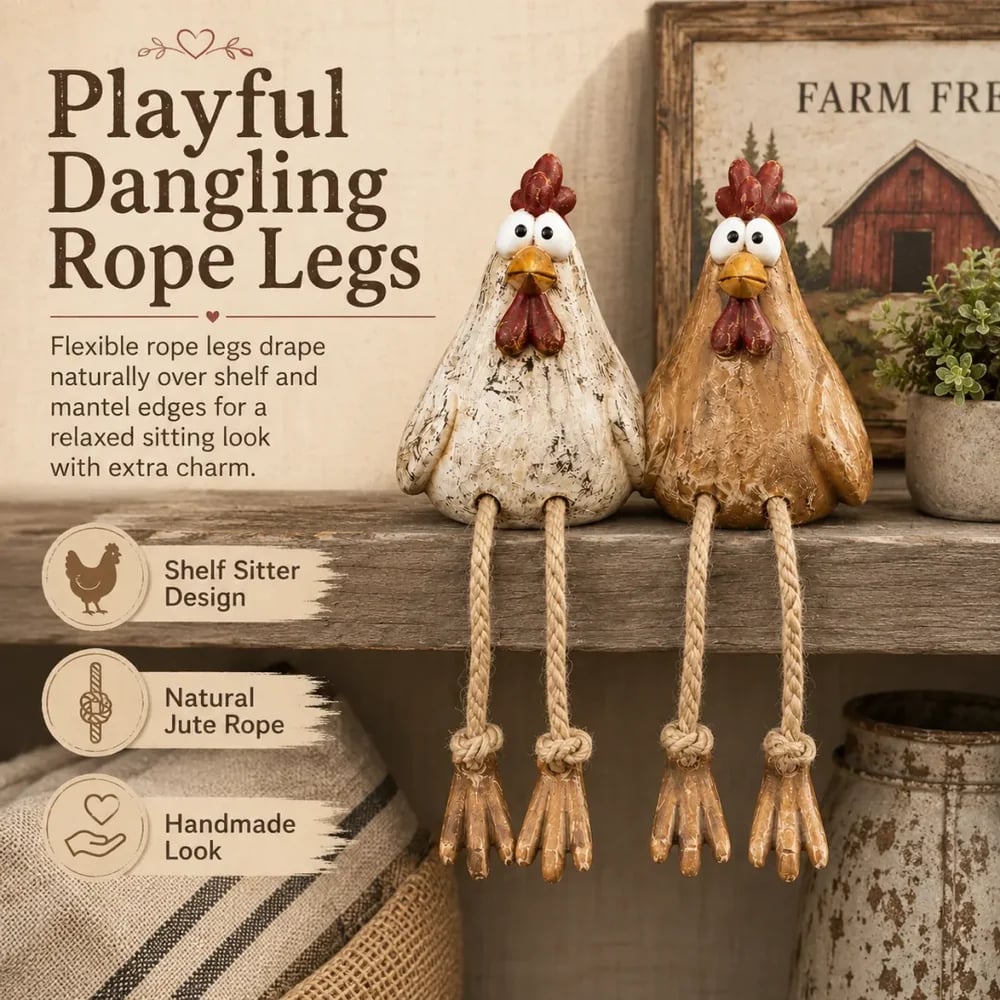 Chicken shelf sitters shown on bookshelves mantels cabinets and windowsills