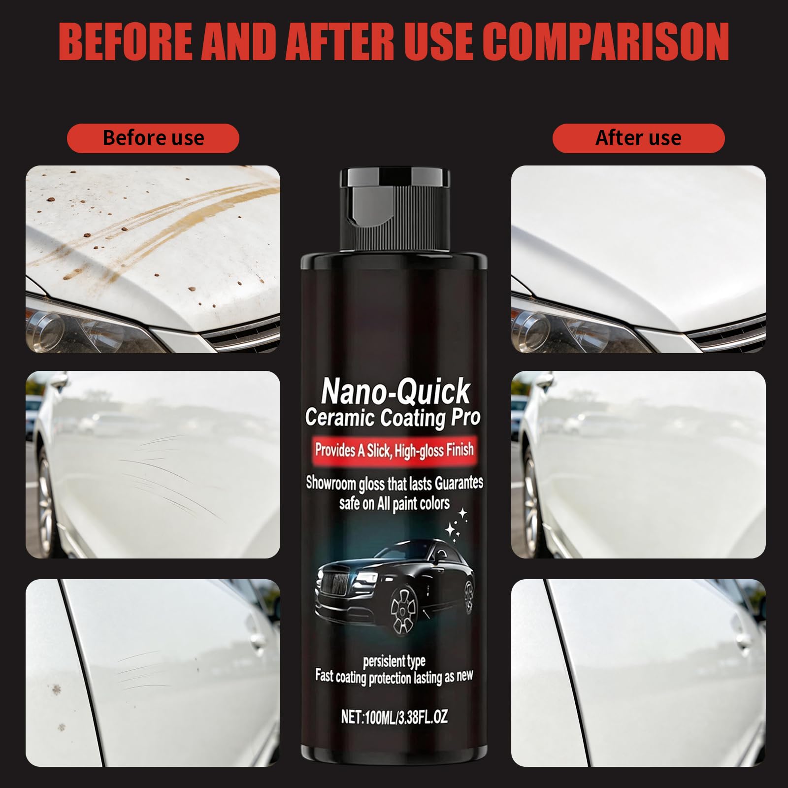 Before and After Use Comparison showing dirt removal and scratch repairing