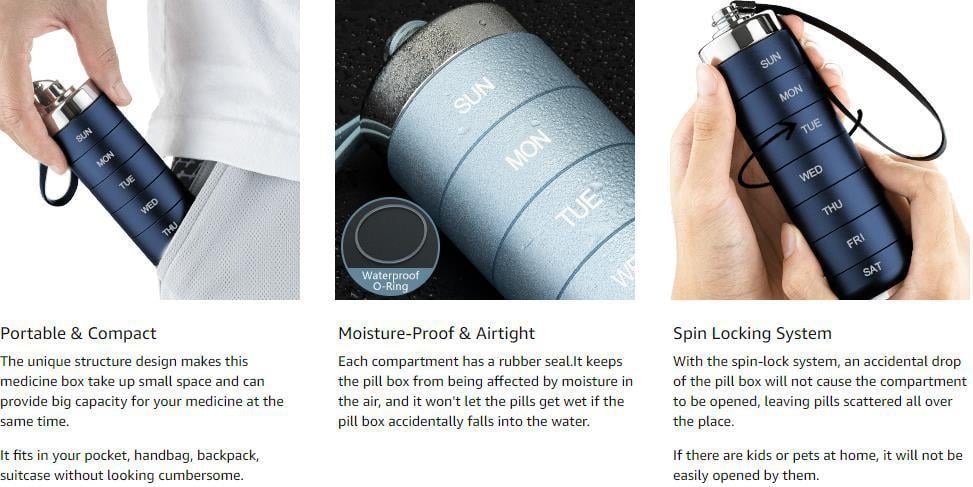 Metal Travel Pill Organizer, Portable Waterproof Weekly Pill Box, Large Aluminum Alloy Container, BPA Free 7 Day Daily Medicine Organizer Holder for Vitamin, Fish Oil, Supplement Storage box