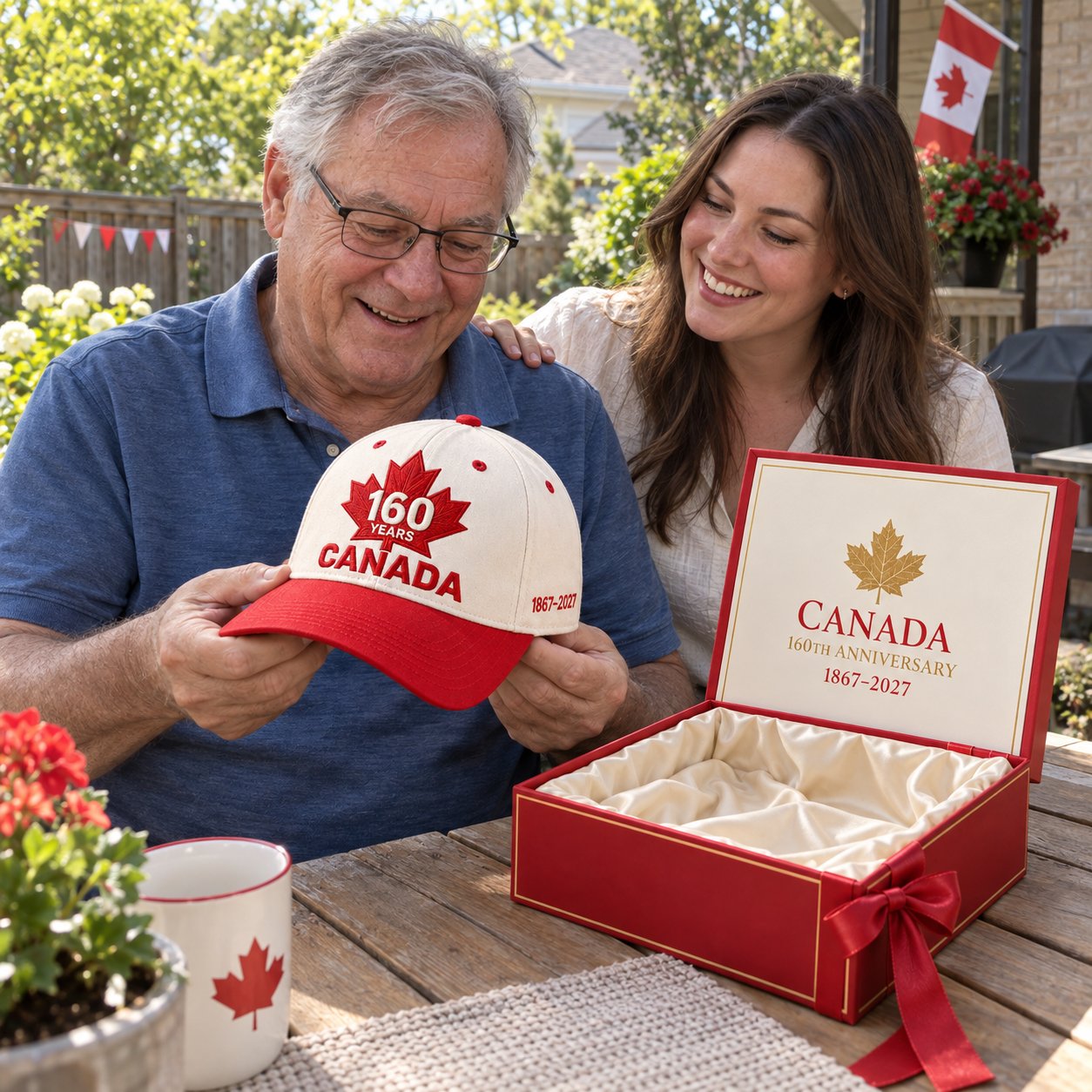 AI-generated scene of an older man holding the anniversary cap beside a younger woman and the open satin-lined gift box