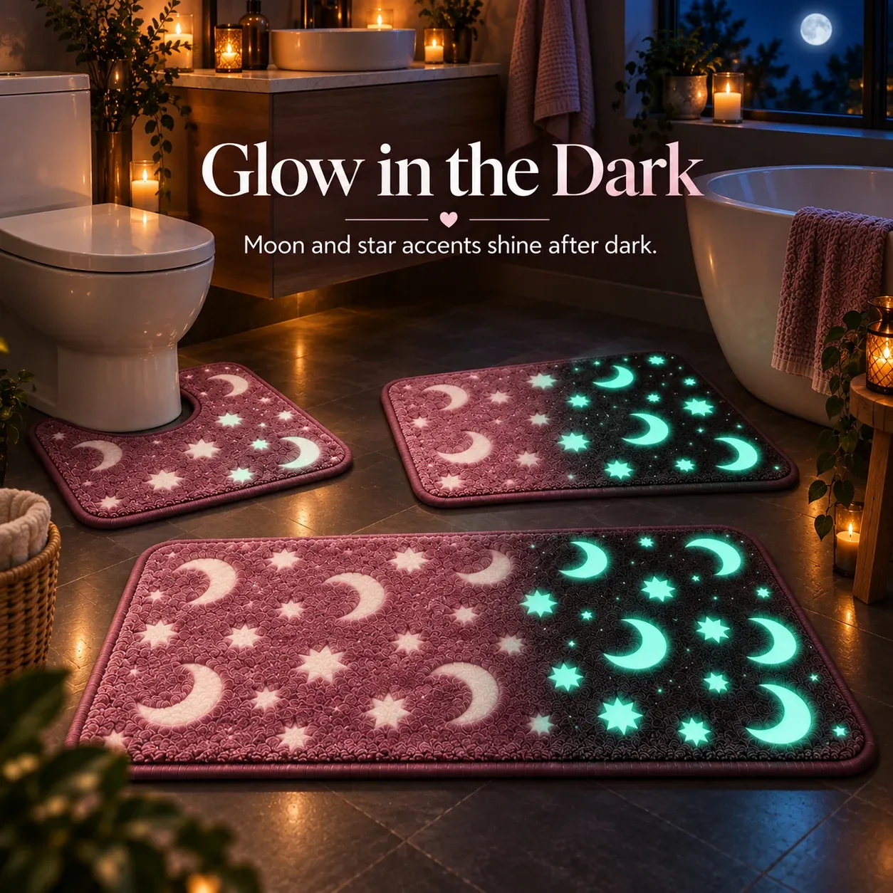 Moon and star bath mats glowing in a dark bathroom