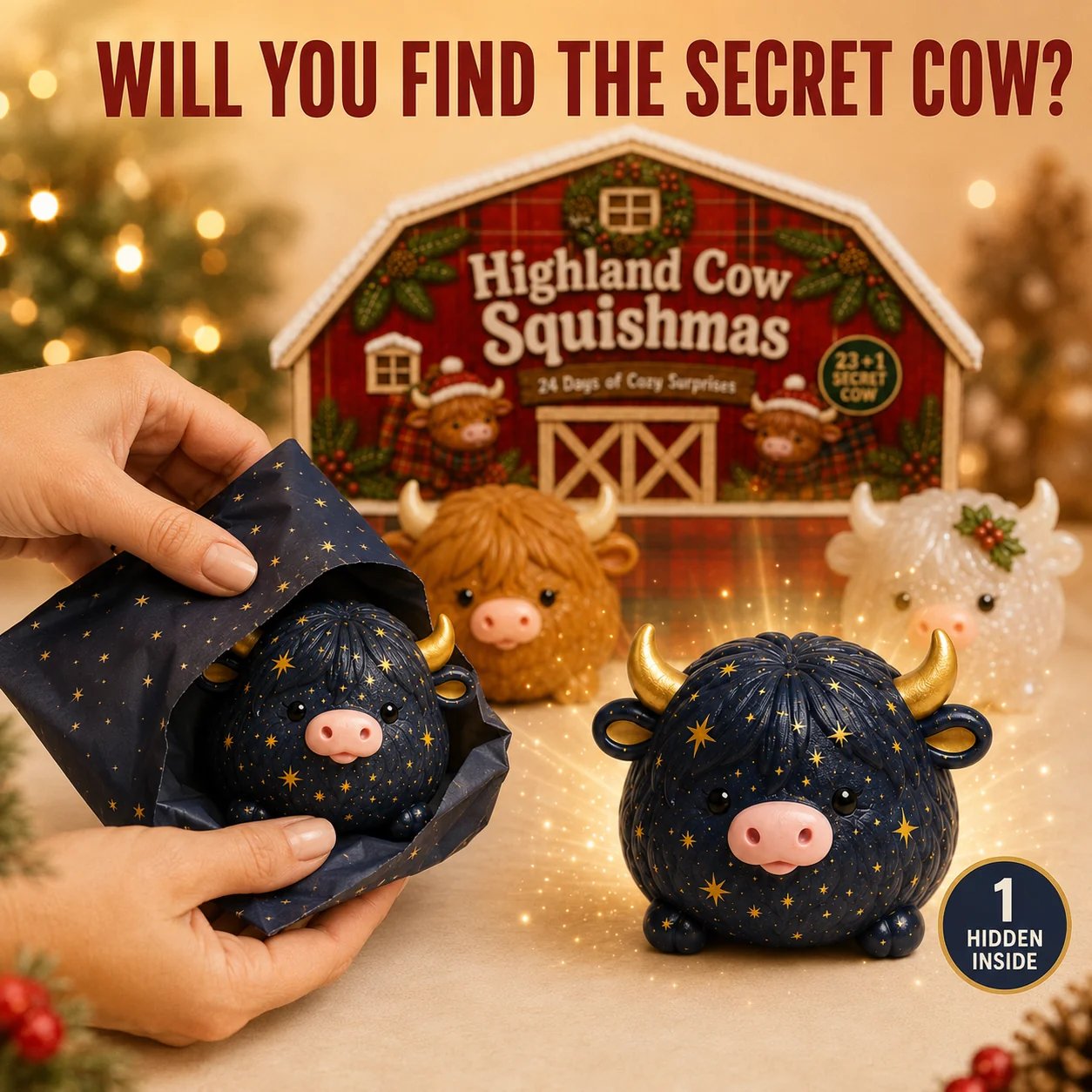 Midnight blue secret Highland cow with golden stars