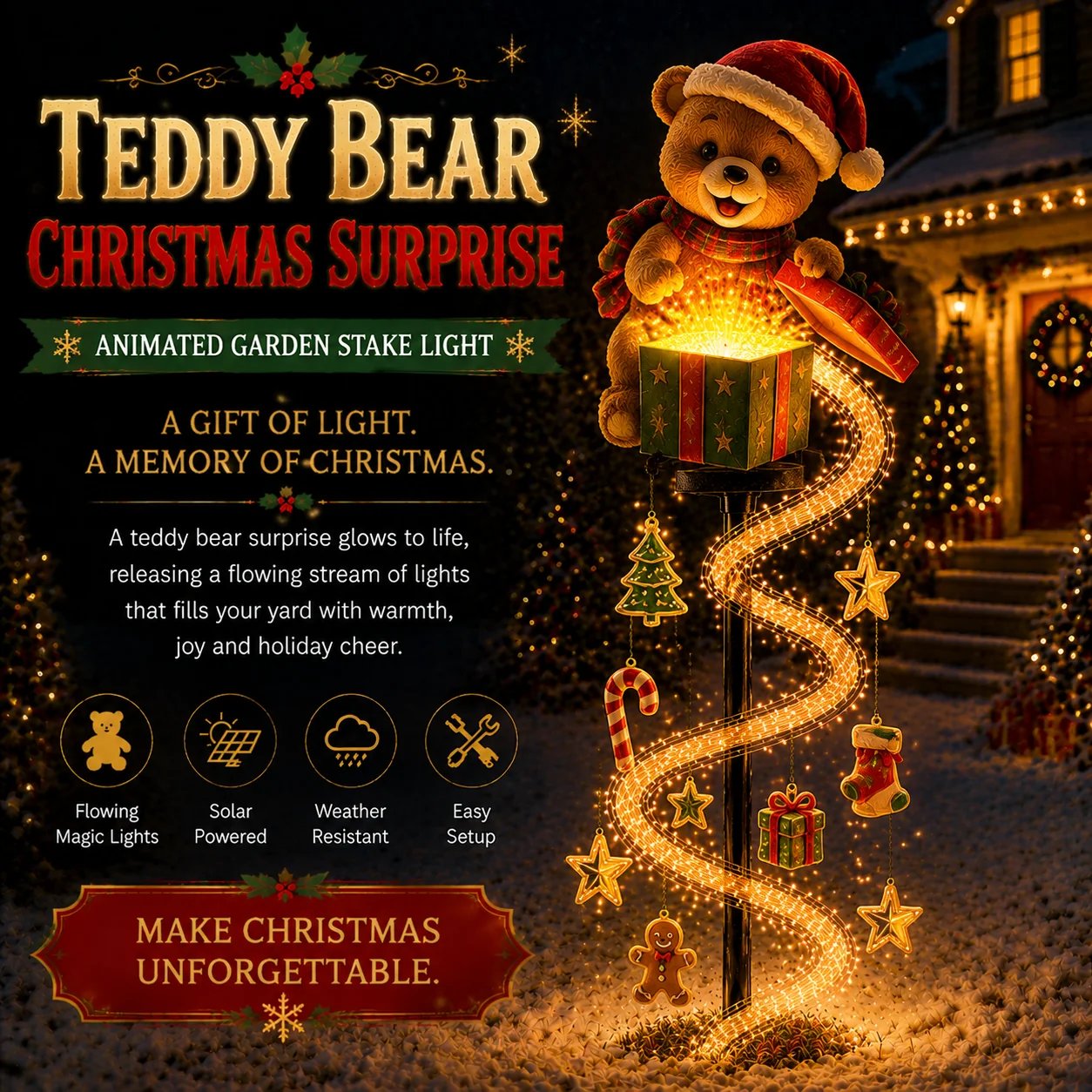Teddy Bear Christmas Surprise garden stake light