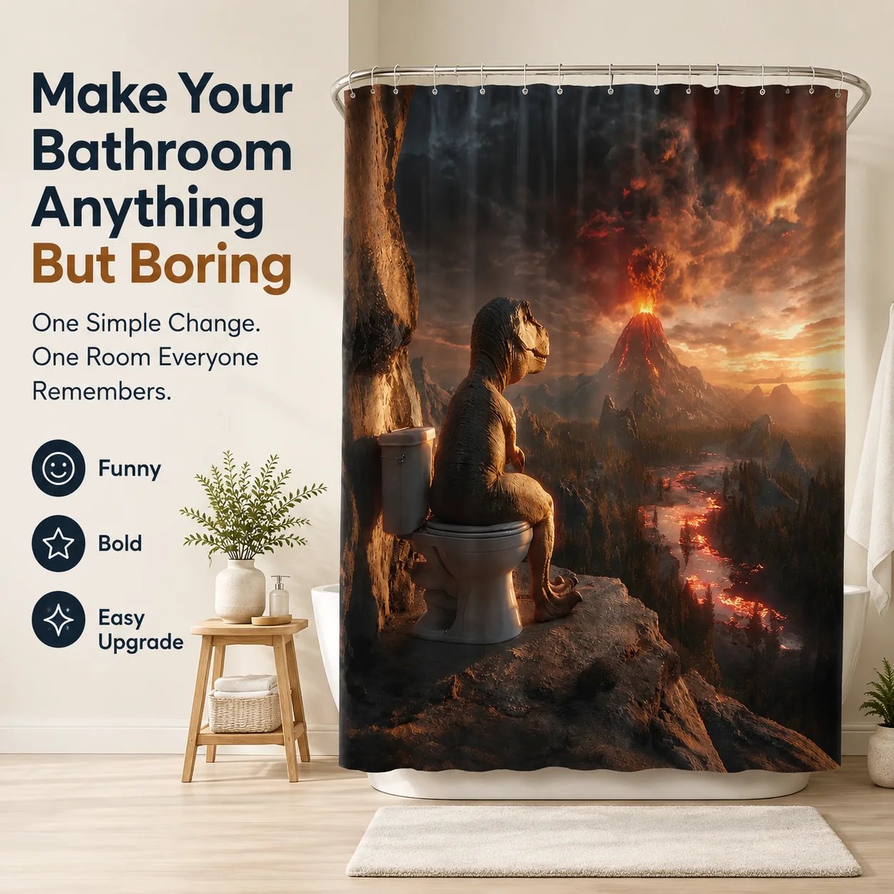 Funny dinosaur volcano shower curtain bathroom decor