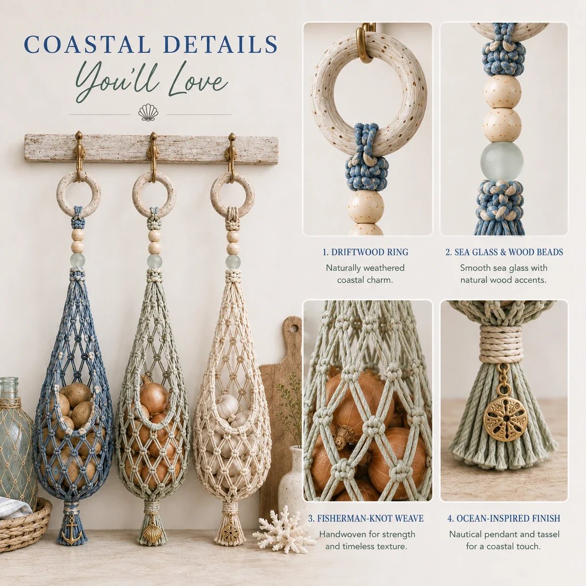 Close-up details of coastal pantry produce organizer