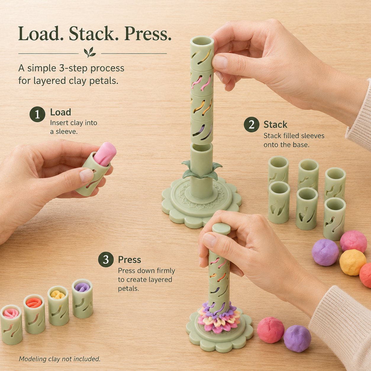 Three-step demonstration showing modeling clay loaded into sleeves, sleeves stacked, and the plunger pressed