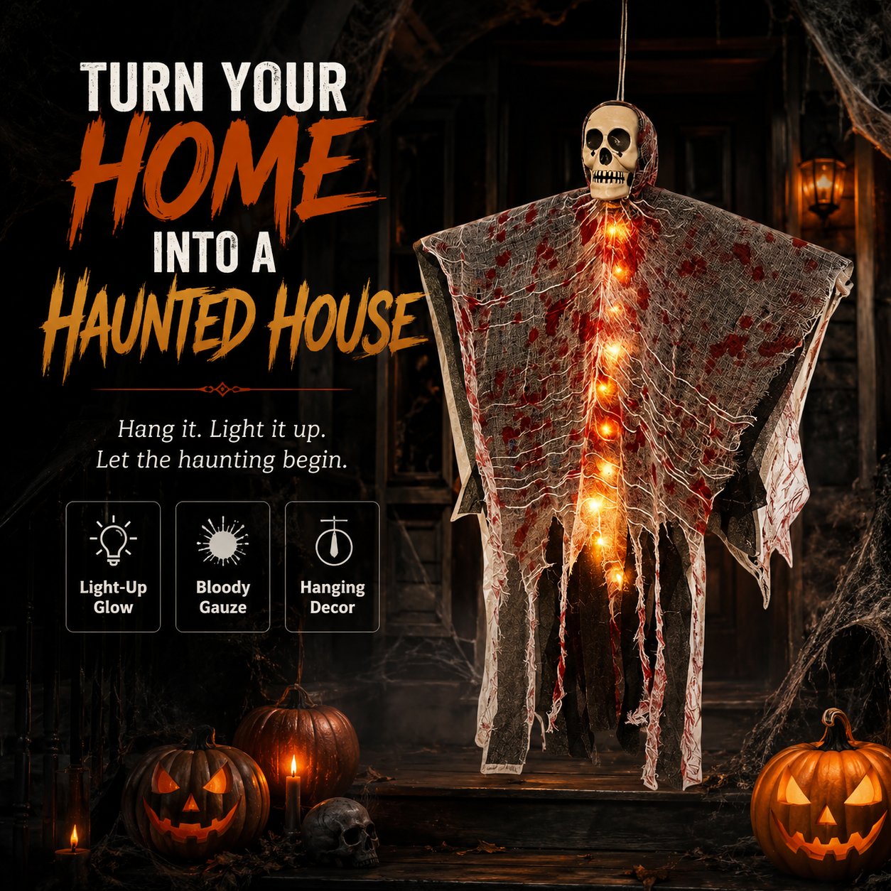 Light up hanging skeleton ghost Halloween decoration