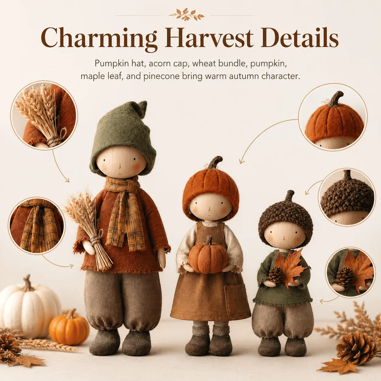 Set van drie rustieke herfstfiguren met pompoen, tarwe en eikel