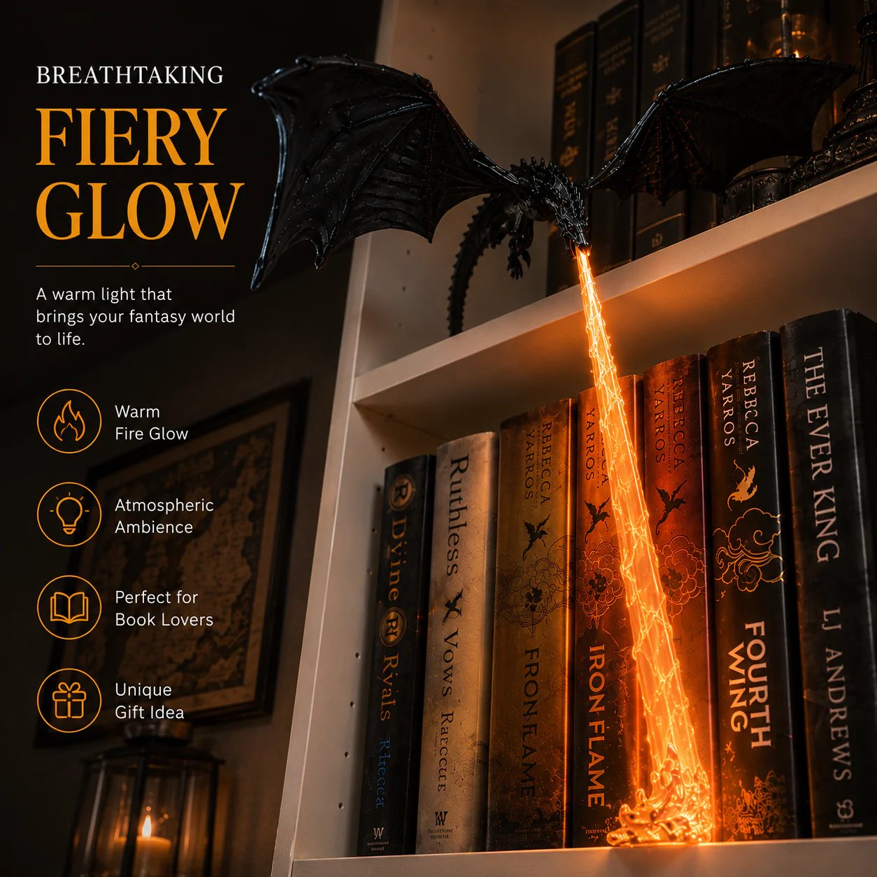 Close-up of glowing dragon flame bookshelf decor