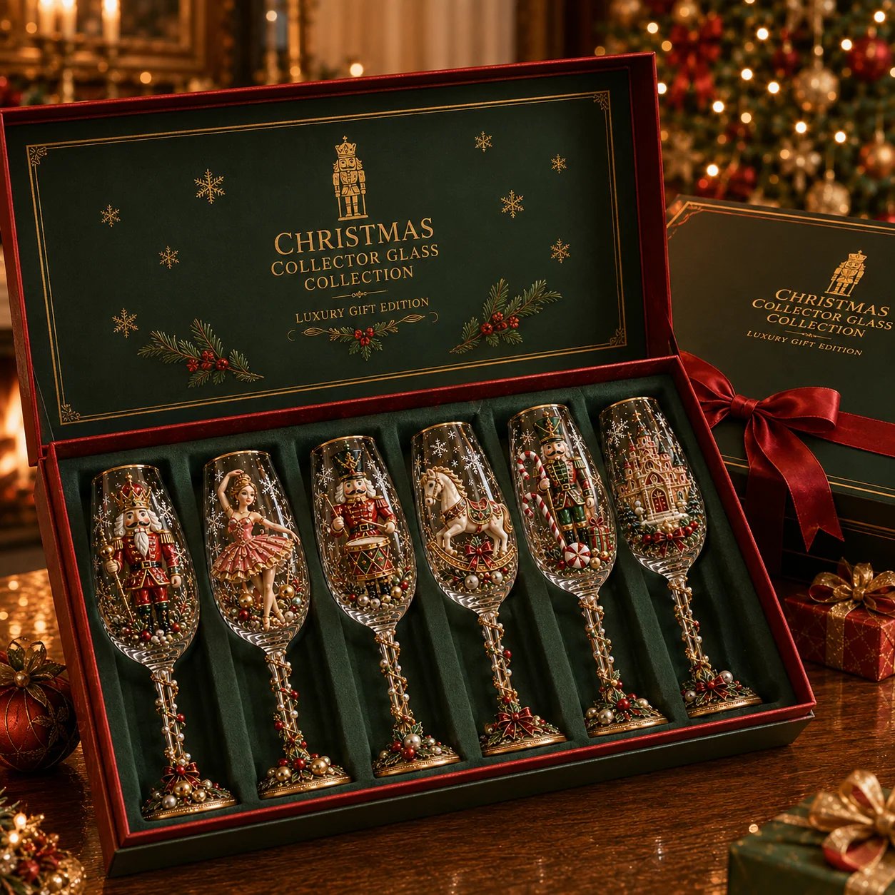 Complete six piece Christmas champagne glass collection