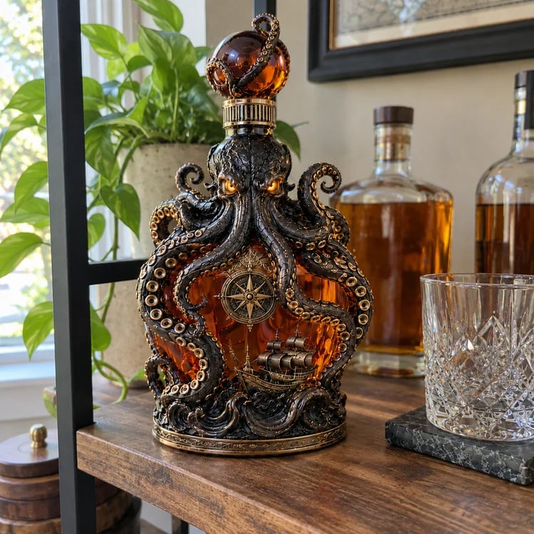 Kraken decanter displayed on a wooden bar shelf