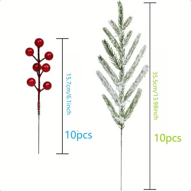 20pcs Artificial Norfolk Pine Branches and Red Fruits , Christmas Green Plants Select Norfolk Pine Stems False Pine Needles Branches for Vase Filling DIY Craft Wreath , Christmas Decorations