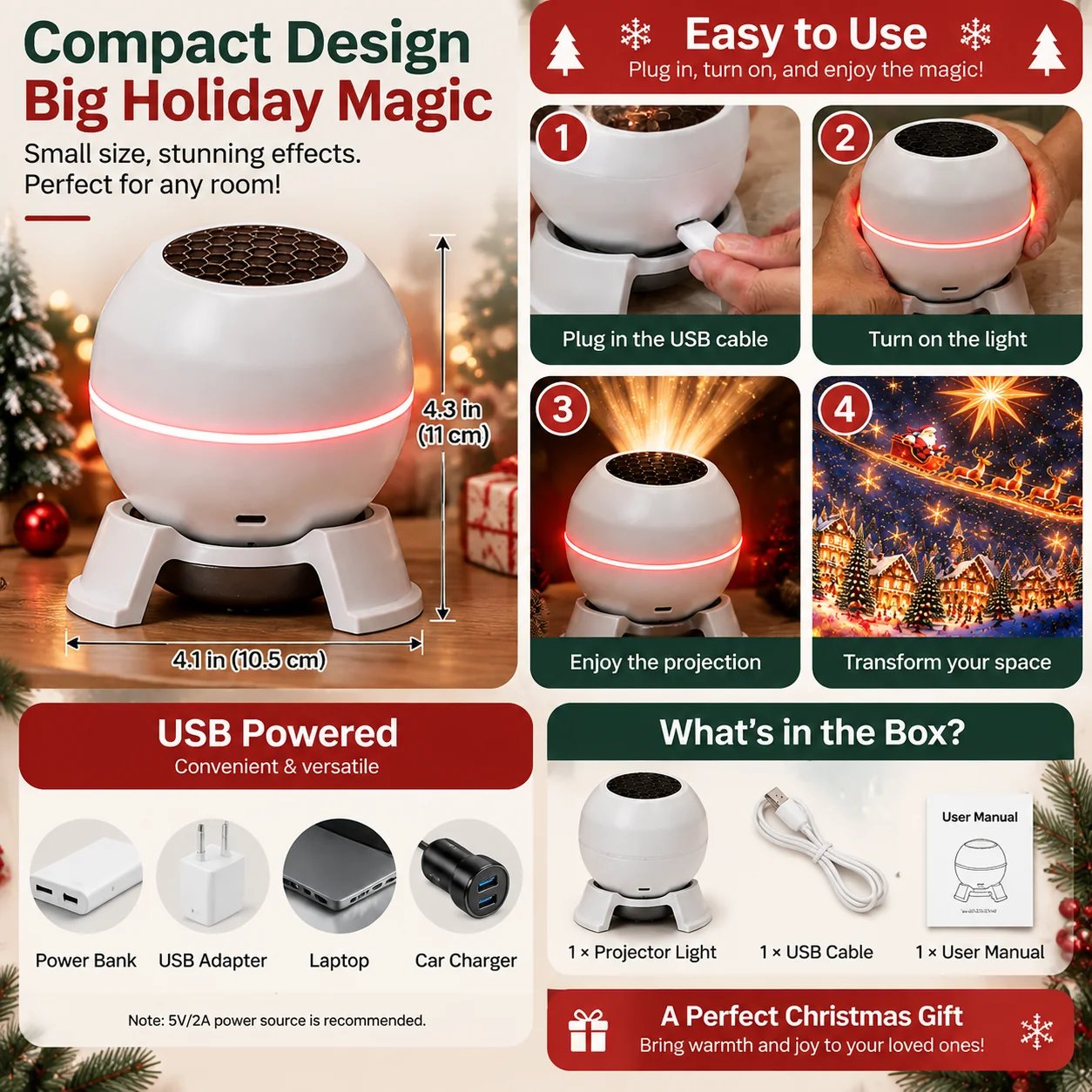 Compact USB powered Christmas projection light size and package contents