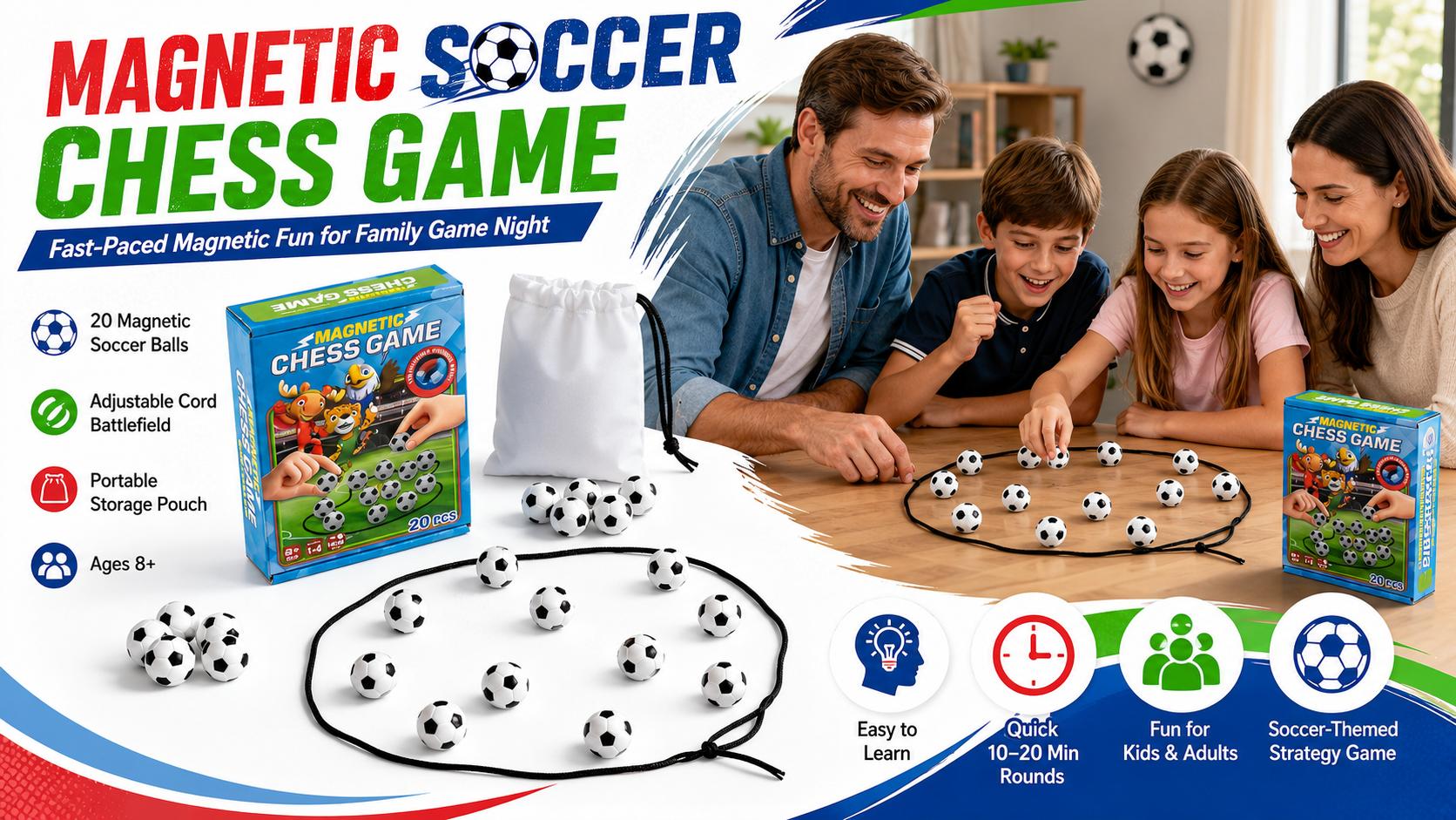 Magnetic Soccer Chess Game for Kids, Teens & Adults – Fast-Paced Strategy Board Game for Family Game Night, Party & Classroom | Portable Indoor Travel Tabletop Game | Birthday Gift for Boys Girls Soccer Fans | 20 Magnets, Rope & Travel Bag | Ages 8+