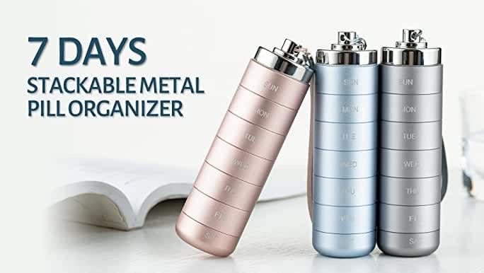 Metal Travel Pill Organizer, Portable Waterproof Weekly Pill Box, Large Aluminum Alloy Container, BPA Free 7 Day Daily Medicine Organizer Holder for Vitamin, Fish Oil, Supplement Storage box
