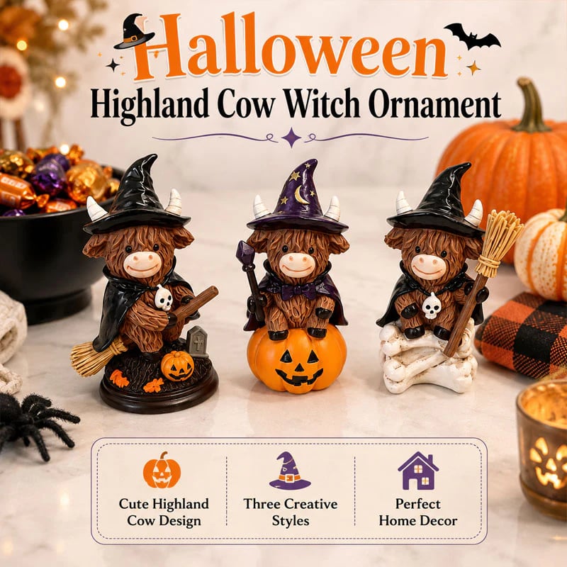 Halloween Highland Cow Witch Ornament