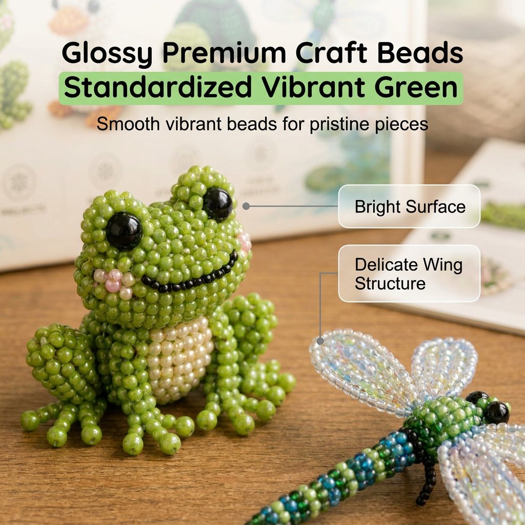 Close up of glossy craft beads and 3D beaded animal details