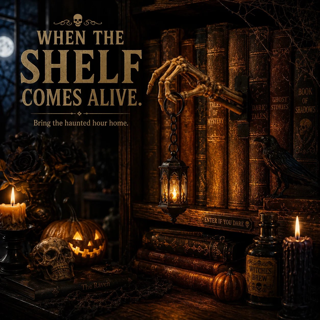 Skeleton Hand Lantern Shelf Light in a haunted gothic room display