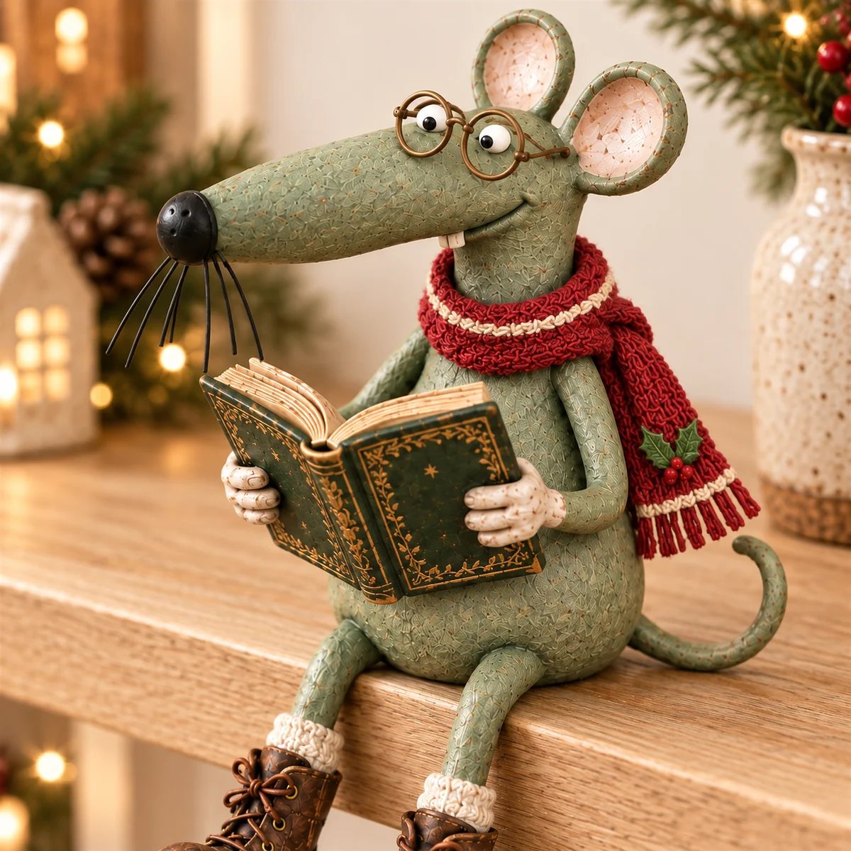 Close view of the reading mouse glasses, whiskers, green book and holly scarf