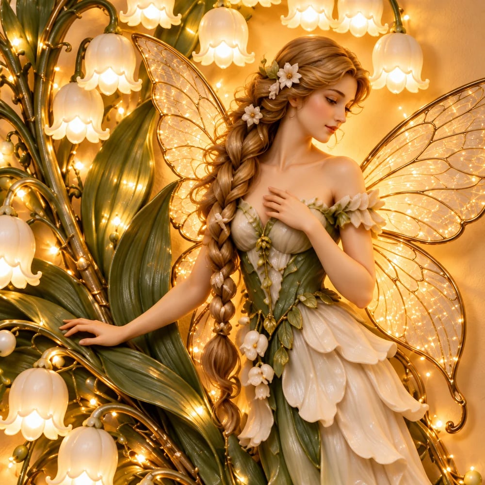 Close-up of the fairy, floral dress and illuminated wings