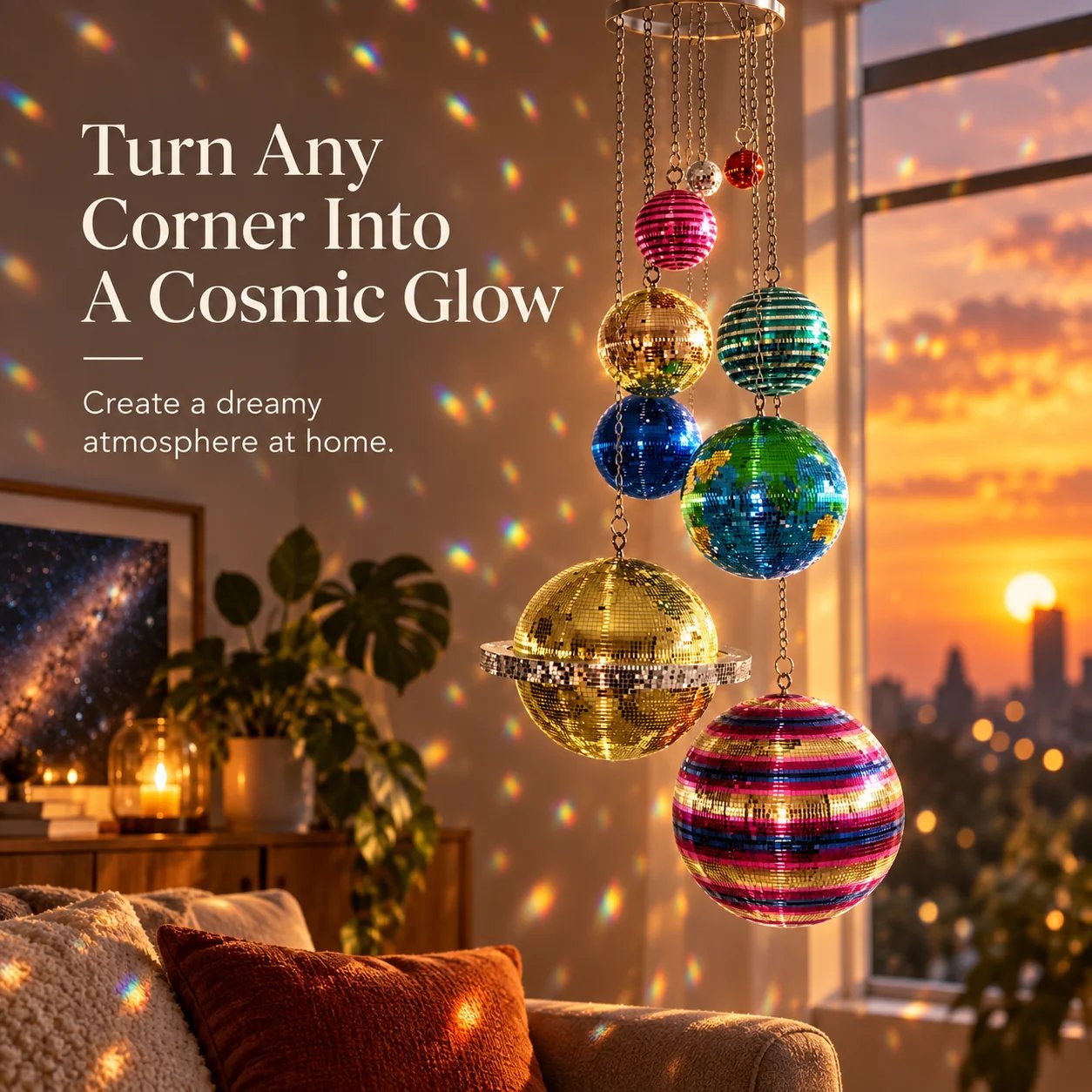 Colorful solar system disco ball hanging mobile scattering reflections through a room at sunset