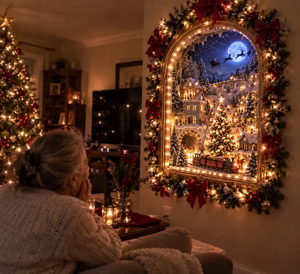 A cozy evening beside an illuminated Christmas village wall display
