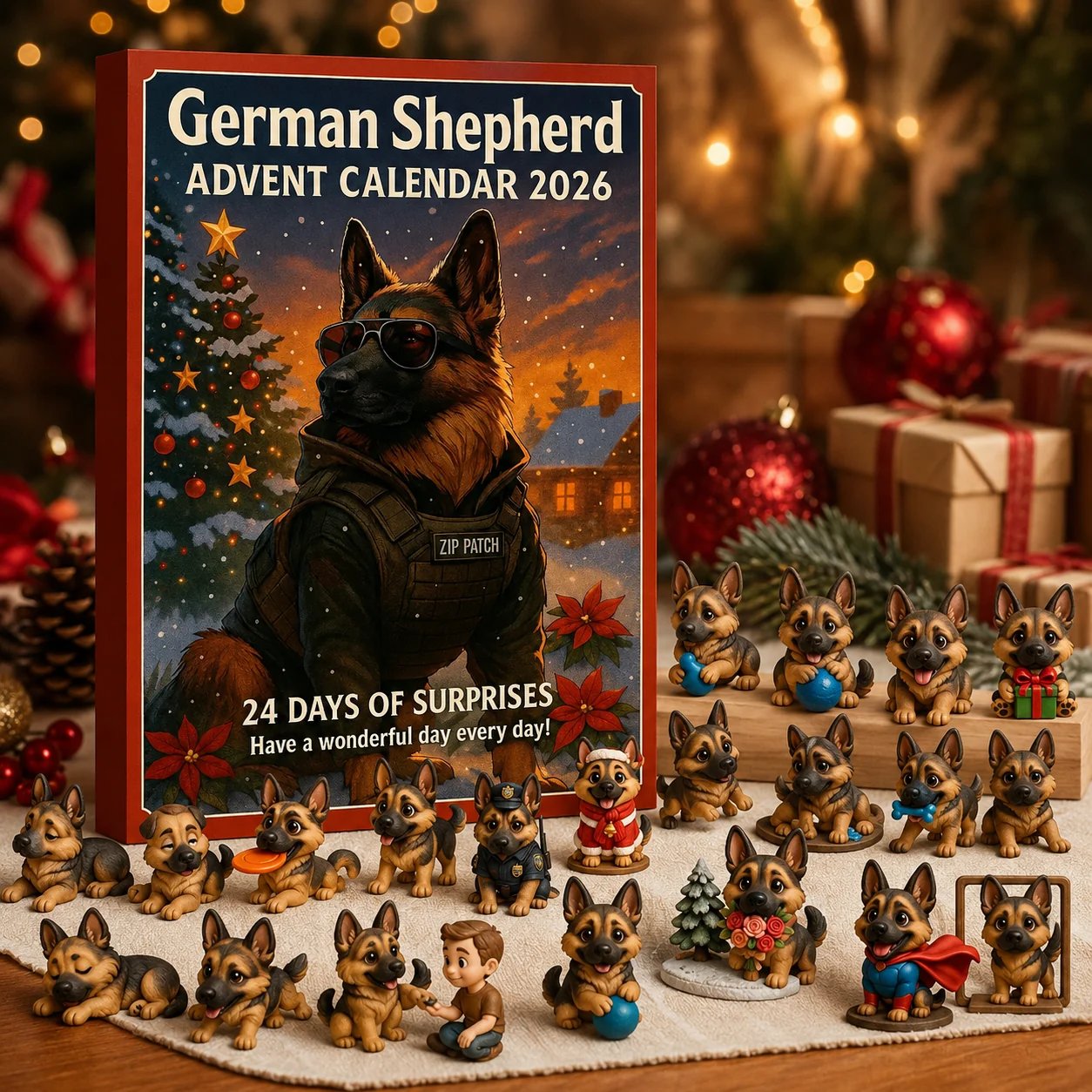 German Shepherd advent calendar displayed with holiday decorations