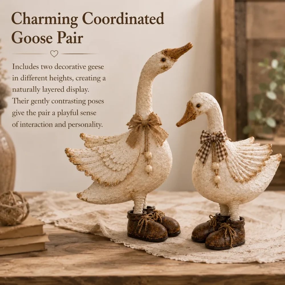 Detailed layered feather texture on cream goose figurines