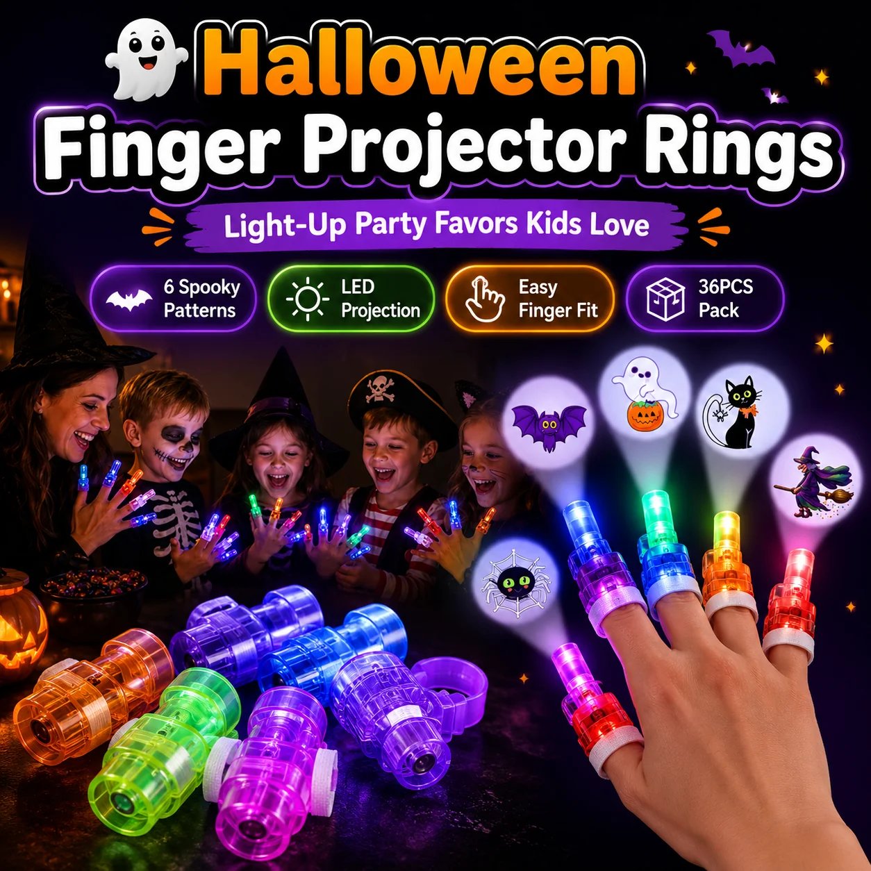 Halloween Finger Projector Rings with LED projection and six spooky patterns
