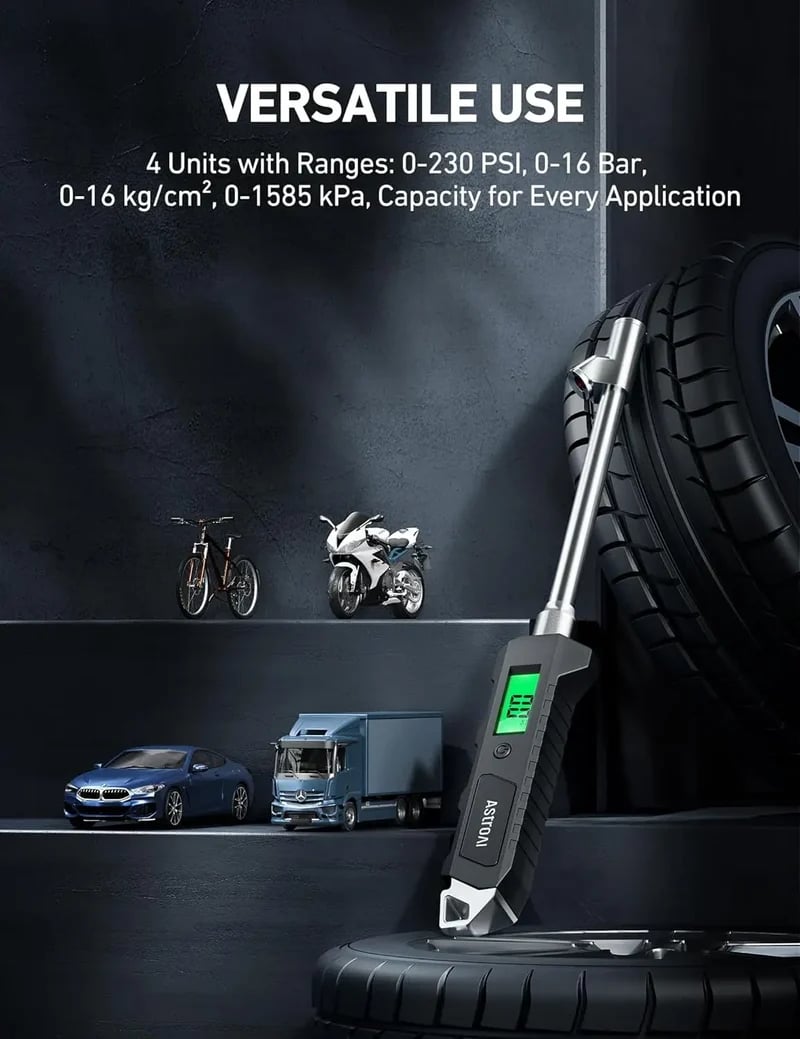 AstroAI Digital Truck Tire Pressure Gauge with Heavy Duty Dual Head Stainless Steel Made for Trucks and RVs, Backlit LCD and Flashlight, 230 PSI