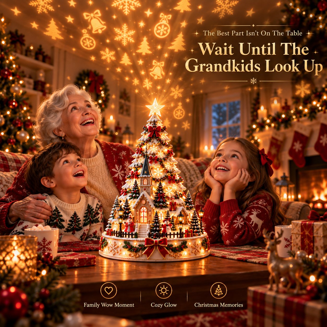 Family admiring the glowing Christmas village