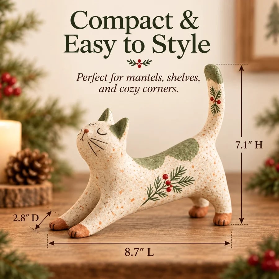 Woodland Christmas Cat Figurine dimensions: 7.1 inches high, 8.7 inches long and 2.8 inches deep
