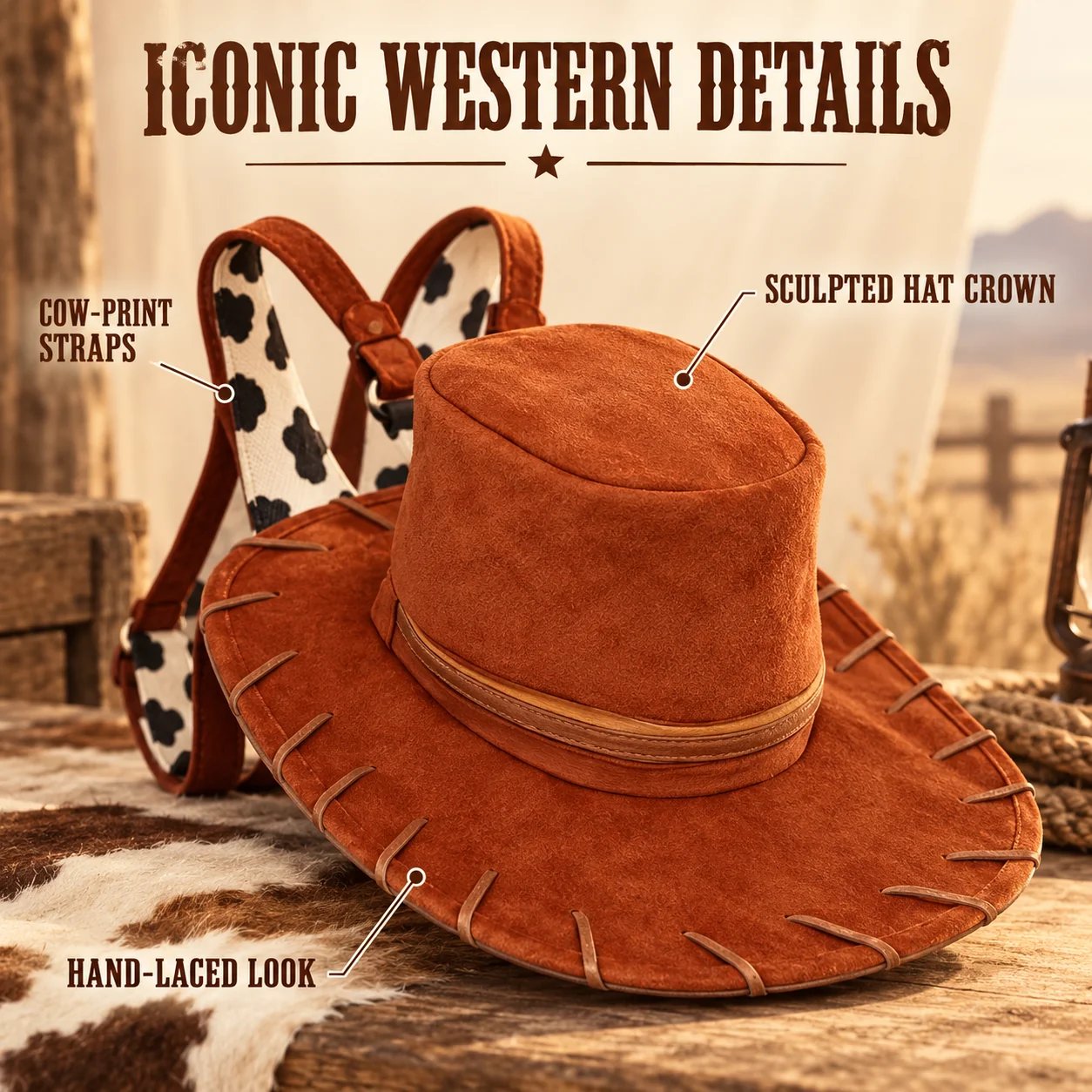 Cowgirl hat backpack showing practical storage capacity