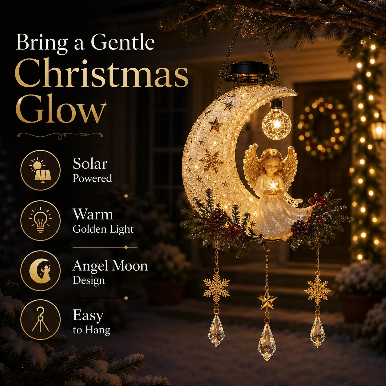 Solar powered Angel Moon Christmas hanging light features
