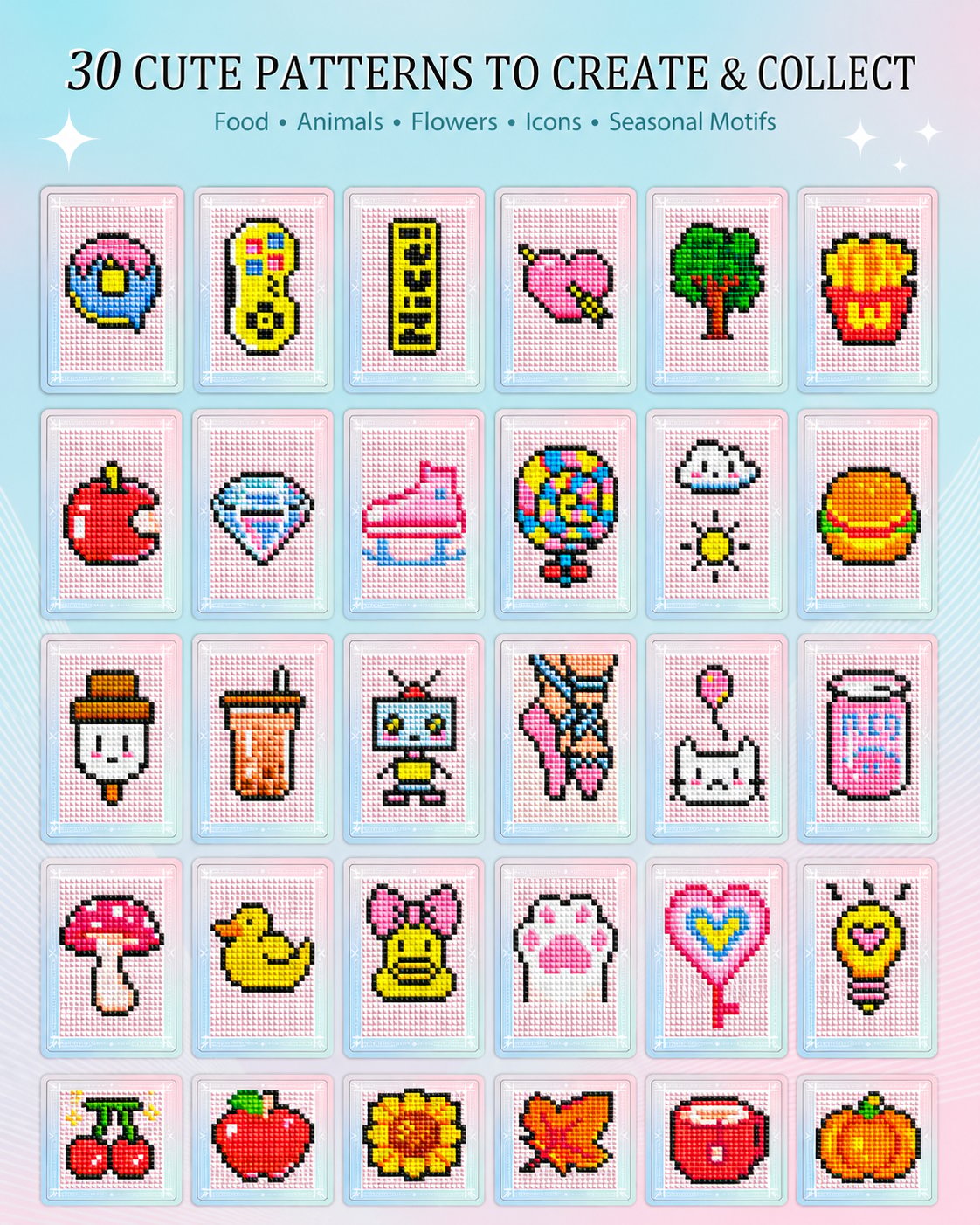 Mini diamond art cards using leftover diamond drills for cute pixel artworks