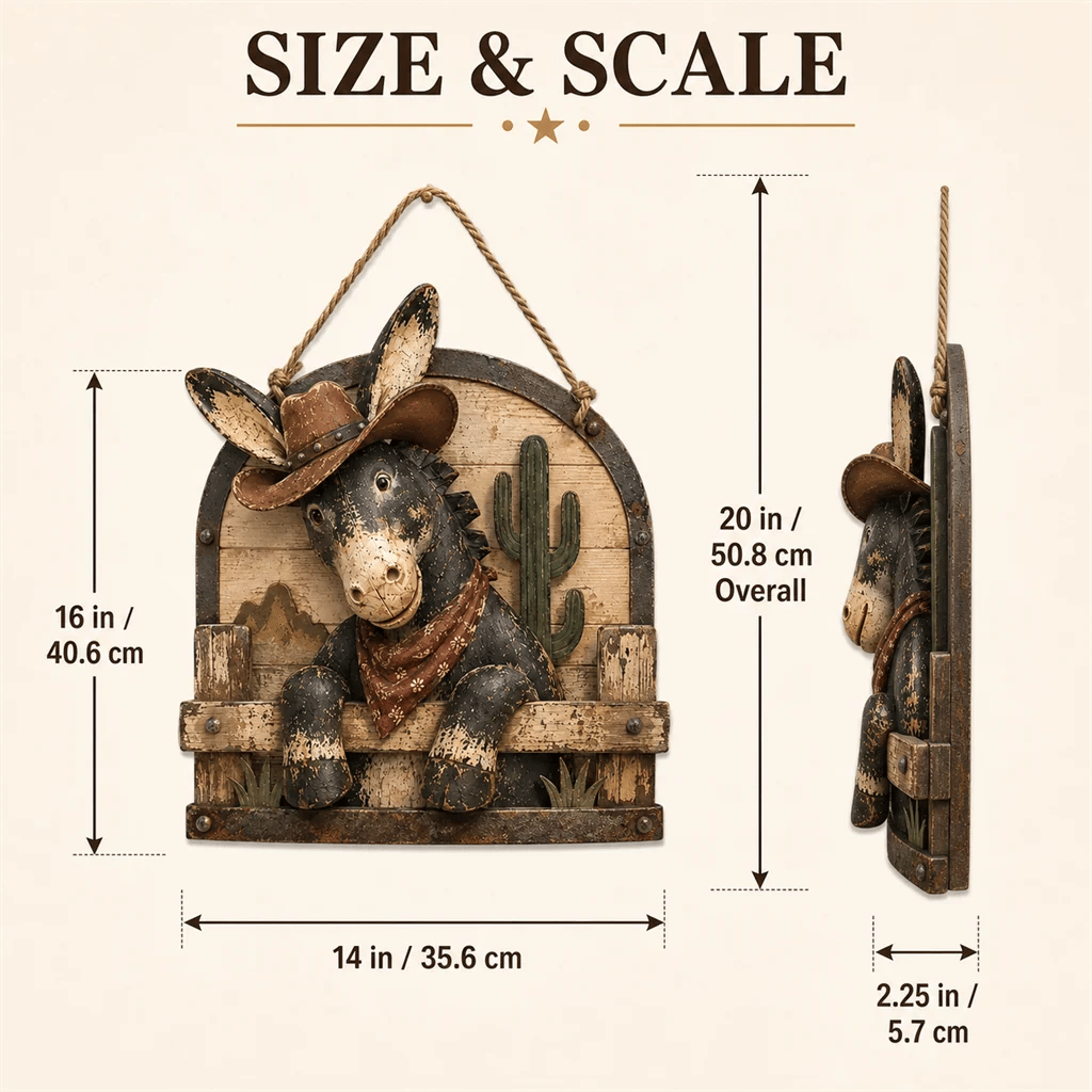 Rustic cowboy donkey wall hanging size and scale