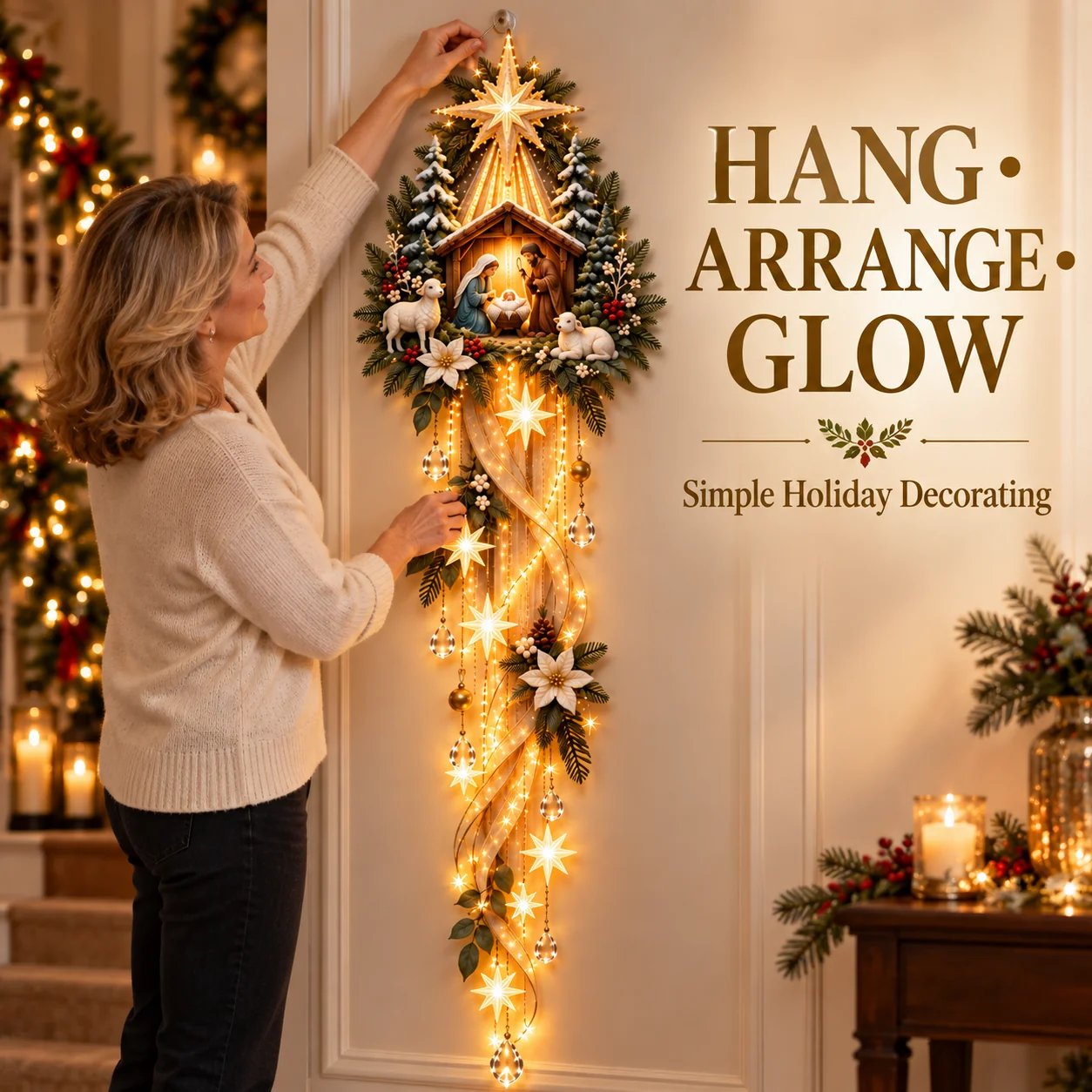 Woman arranging Nativity Starfall Wall Light