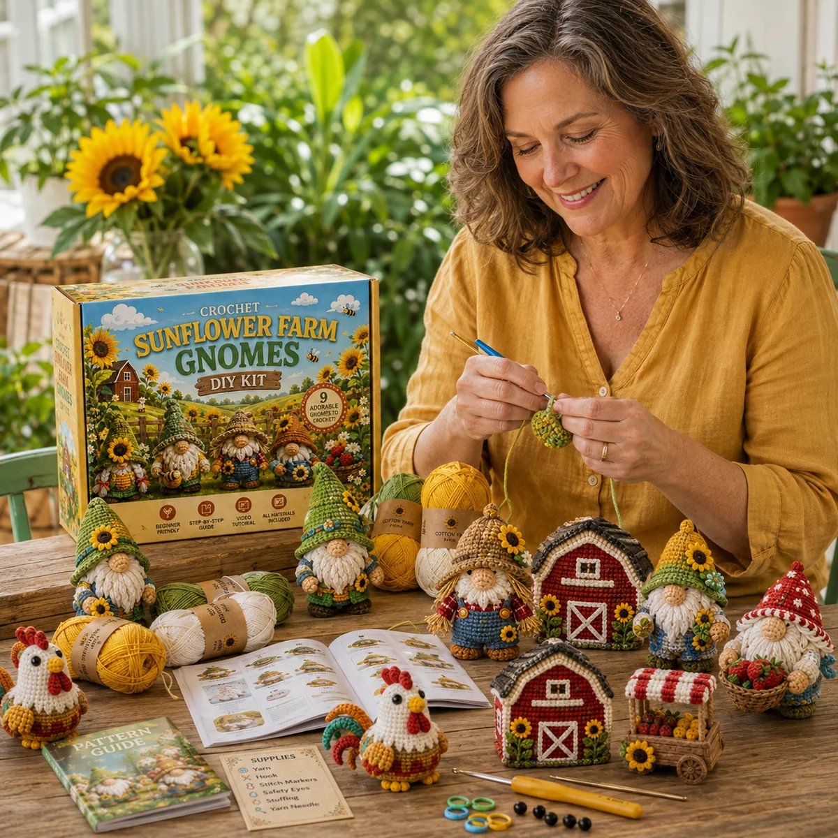 Woman crocheting Sunflower Farm Gnomes