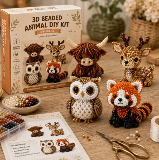 3D beaded animal DIY kit with finished animals and supplies