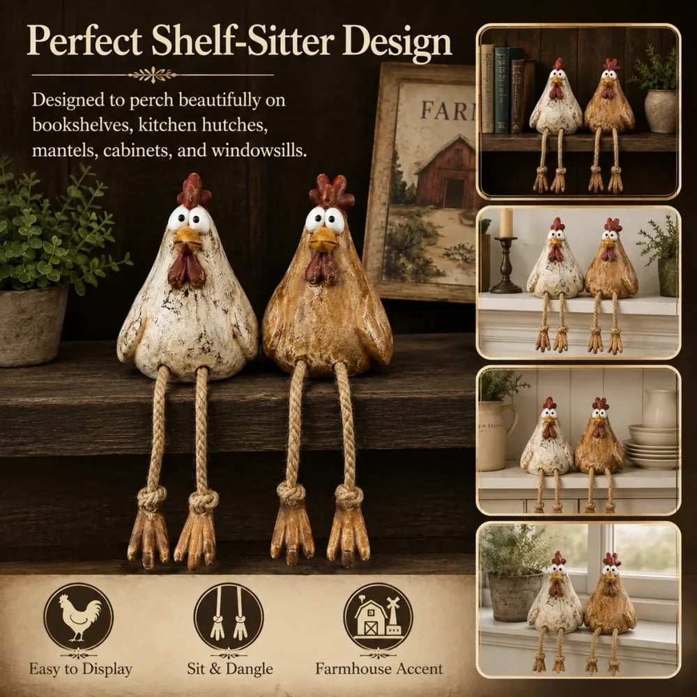 Rustic cream and brown chicken farmhouse accent pair