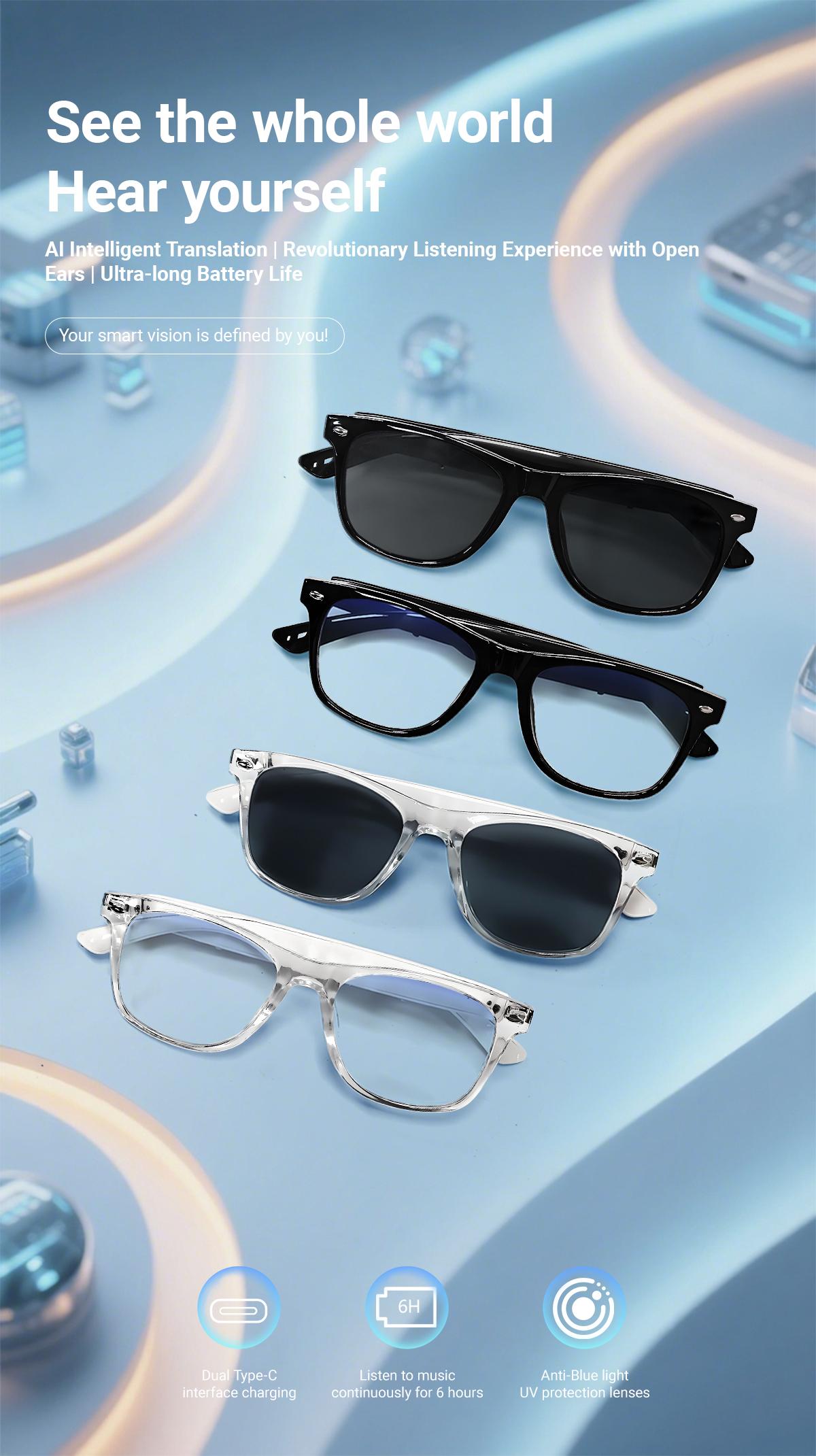 KOIPSSE Smart Glasses, AI Translation Headphones, TWS Wireless Smart Device, HIFI Sound Quality Sunglasses, Multi-Function Glasses, BT5.4 Unisex Dual Touch, Rechargeable Long Battery Life, Hands-Free Calling, Smart Audio Glasses