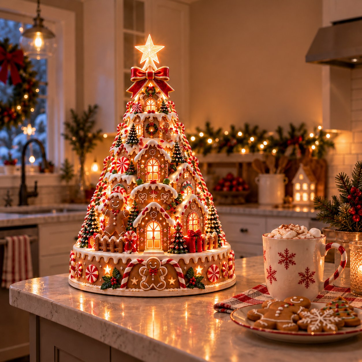 Christmas village styled in the kitchen